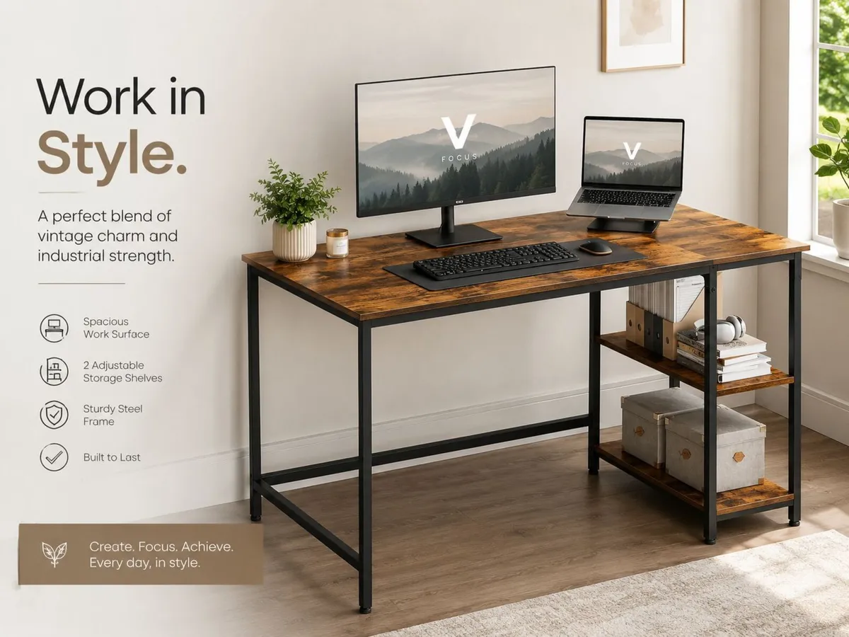 Industrial Computer Desk with Storage Shelves 120 - Image 1