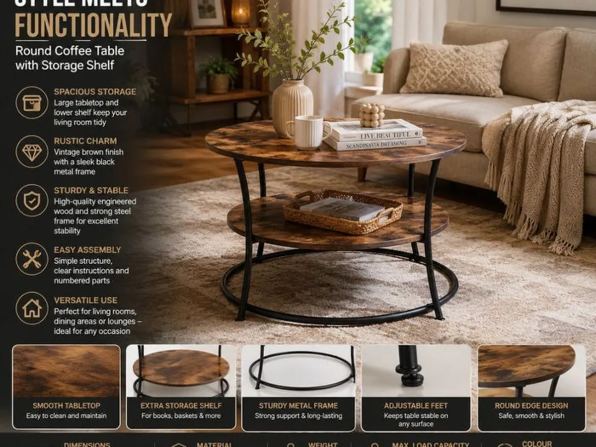 Round Coffee Table with Storage Shelf | Rustic Ind - Image 2