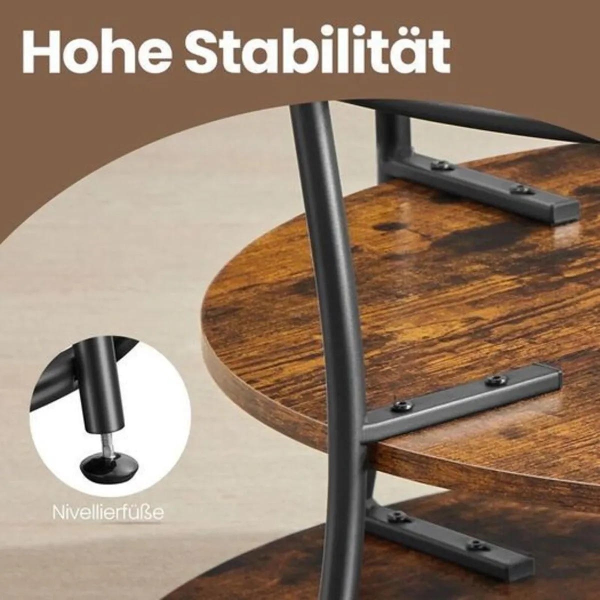 Round Coffee Table with Storage Shelf | Rustic Ind - Image 3