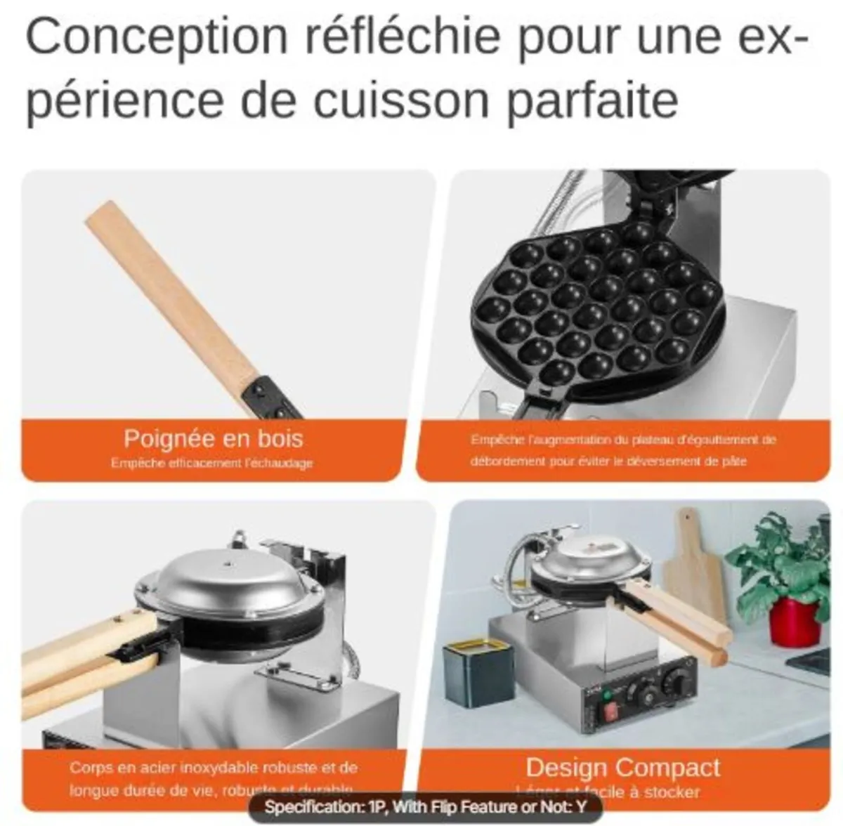 Commercial Bubble Waffle Maker, 1400W Egg Pancake - Image 3