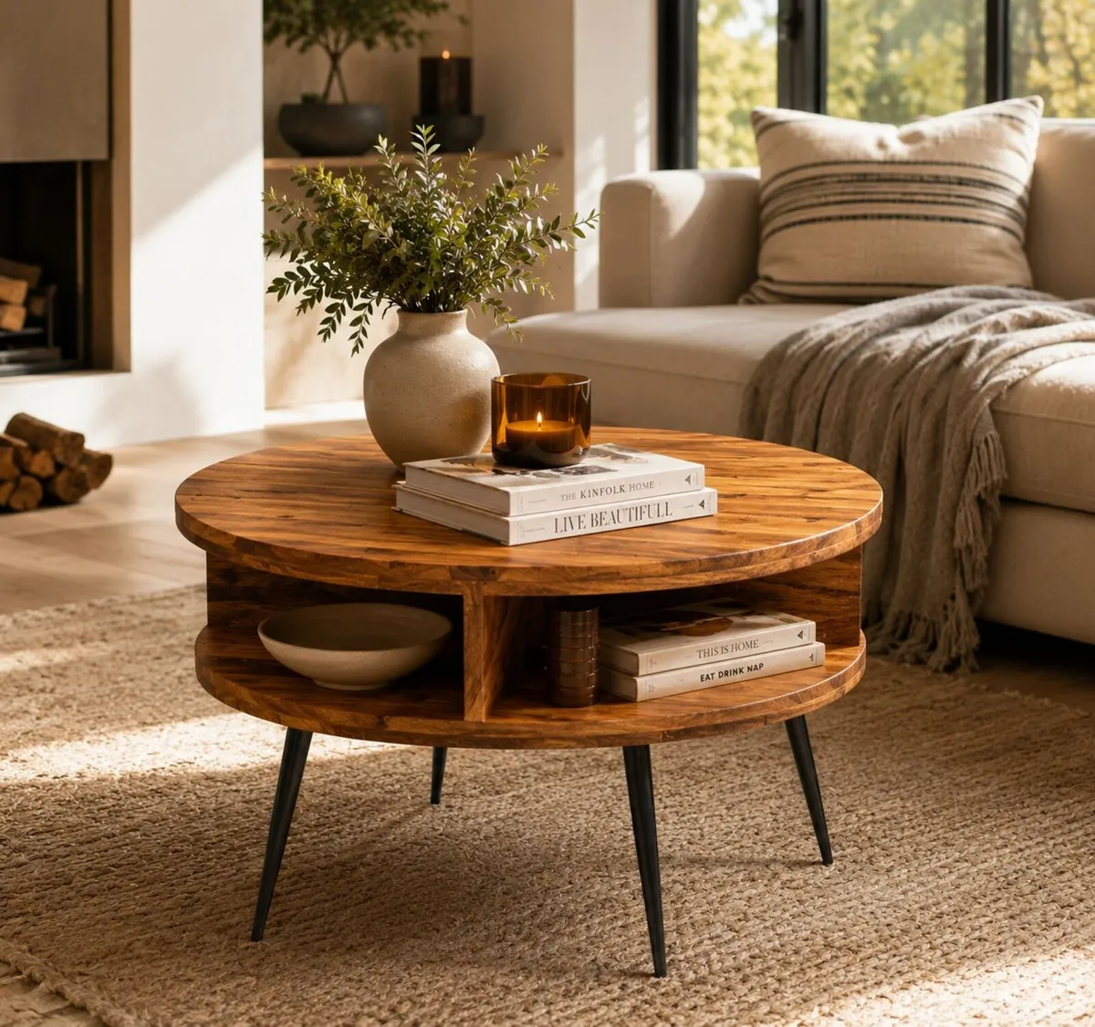 Round Sheesham Solid Wood Coffee Table 60 cm with - Image 3