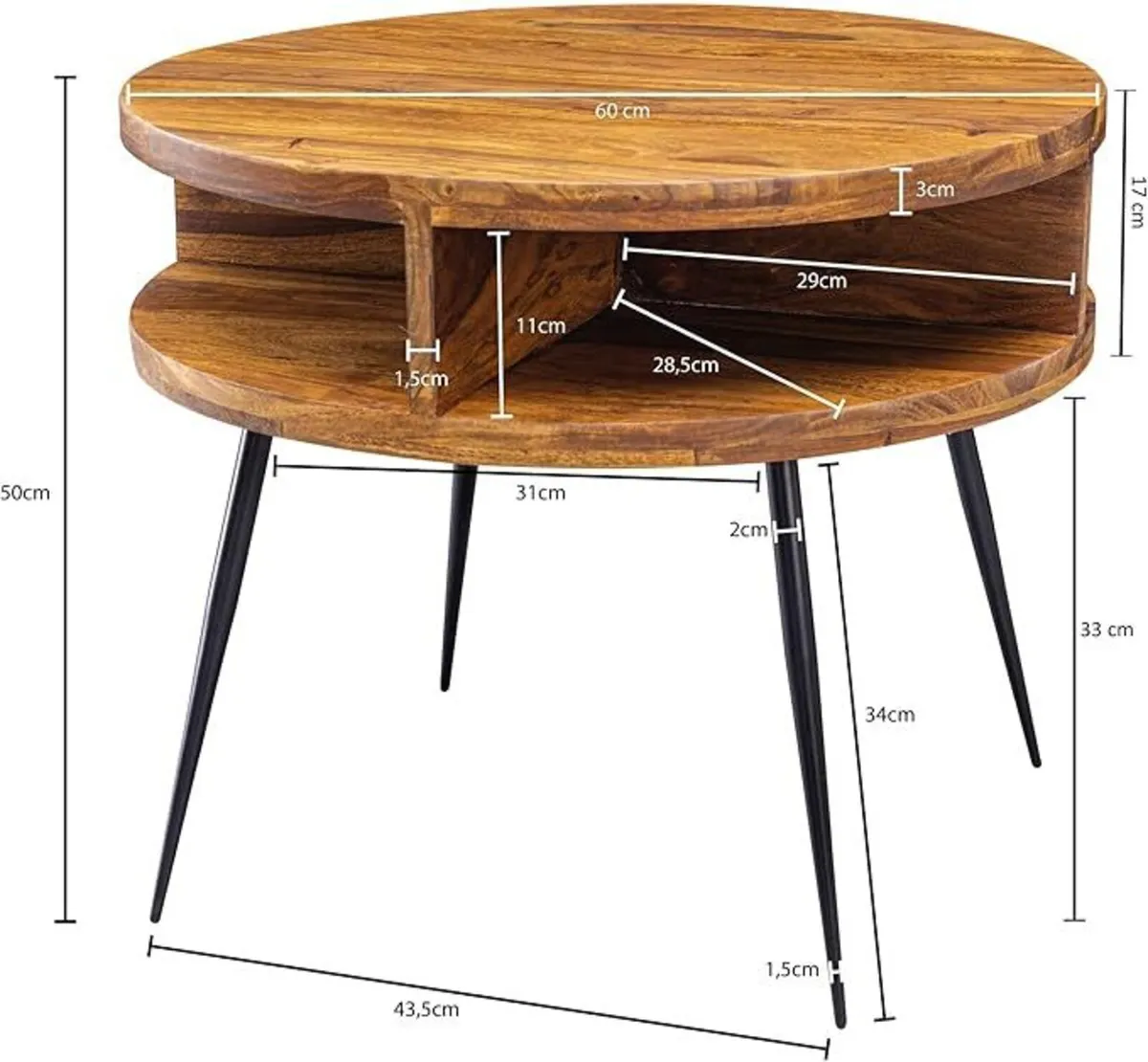 Round Sheesham Solid Wood Coffee Table 60 cm with - Image 4