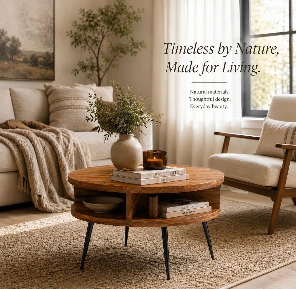 Round Sheesham Solid Wood Coffee Table 60 cm with - Image 1
