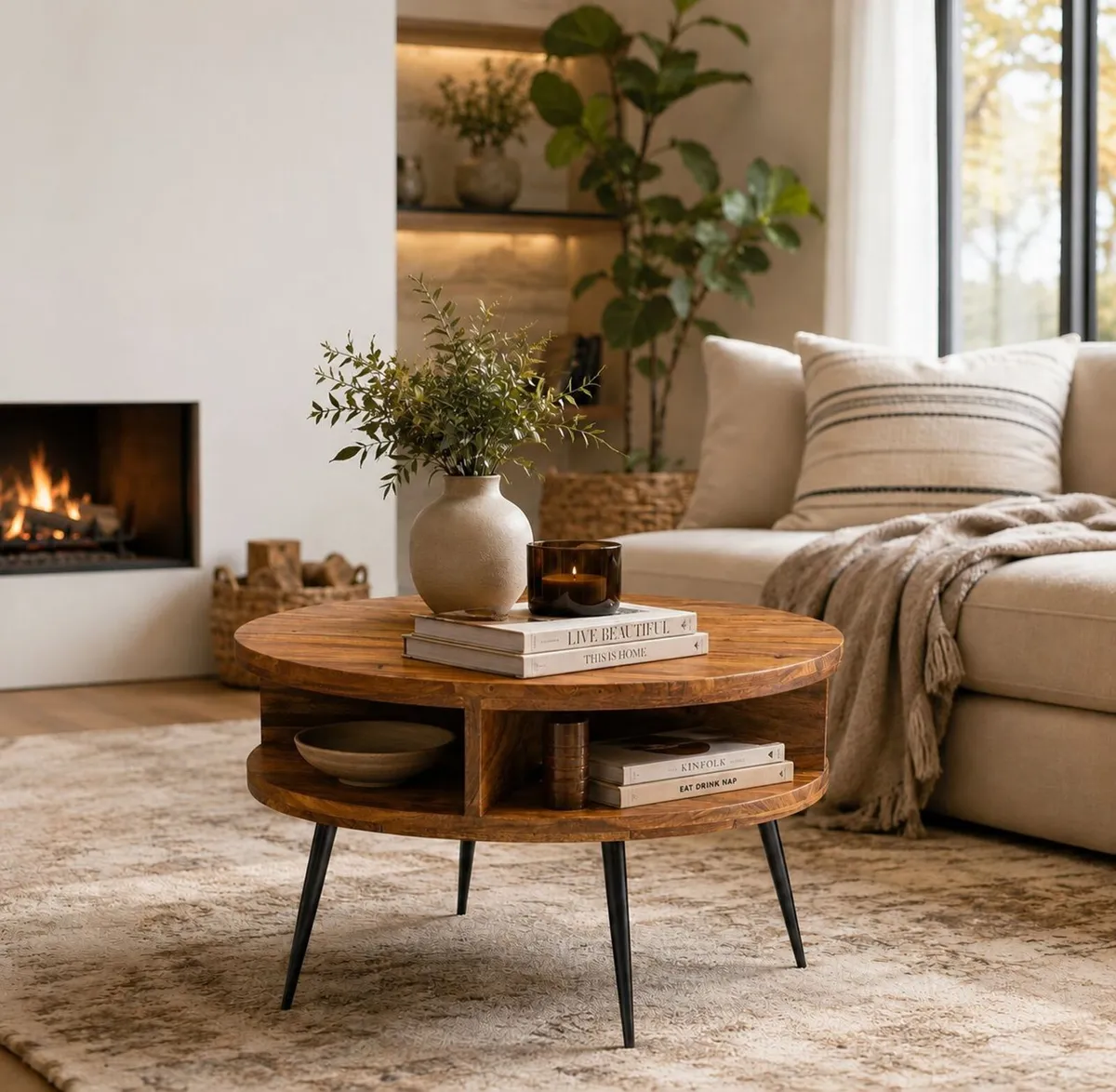 Round Sheesham Solid Wood Coffee Table 60 cm with - Image 2