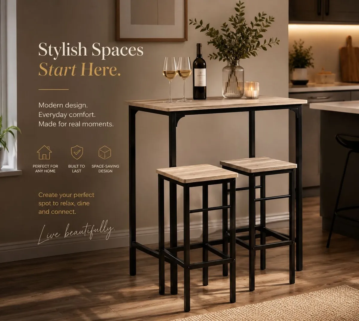 Industrial Bar Table & 2 Stools Set – Space-Saving - Image 1
