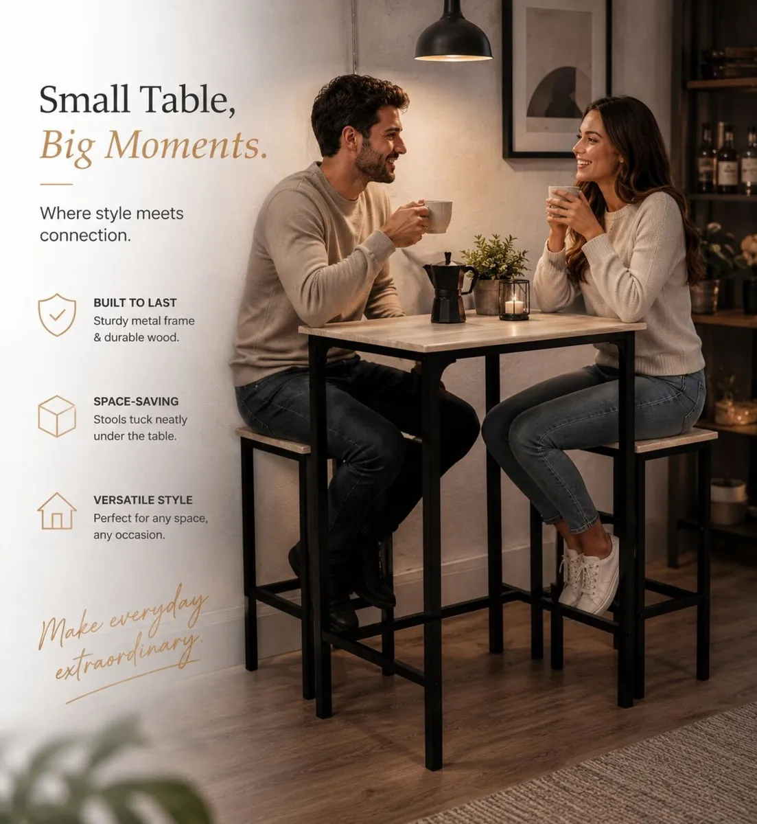 Industrial Bar Table & 2 Stools Set – Space-Saving - Image 3