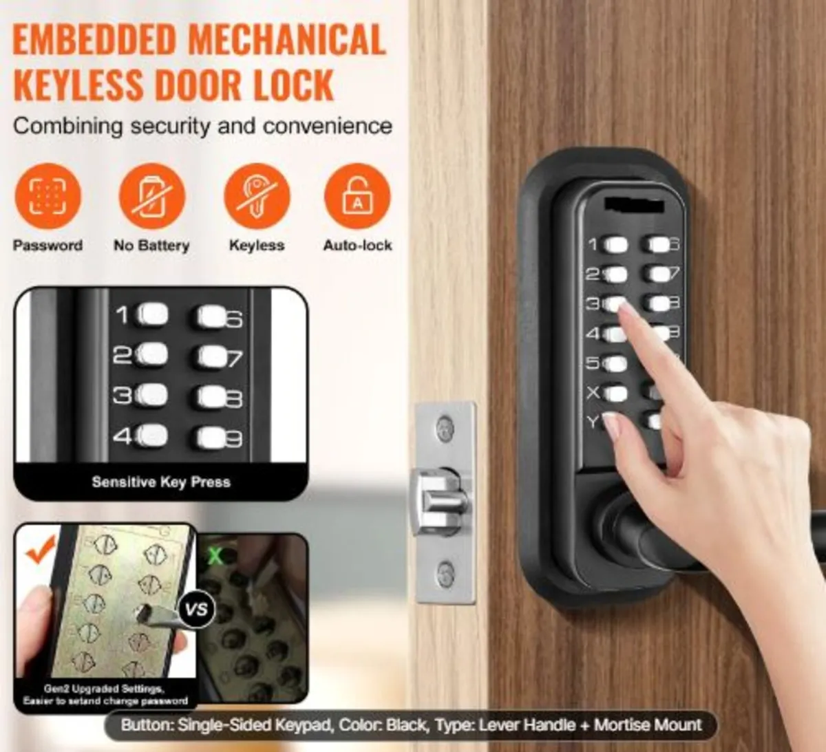 Mechanical Keyless Entry Door Lock,14 Digit Keypad - Image 4