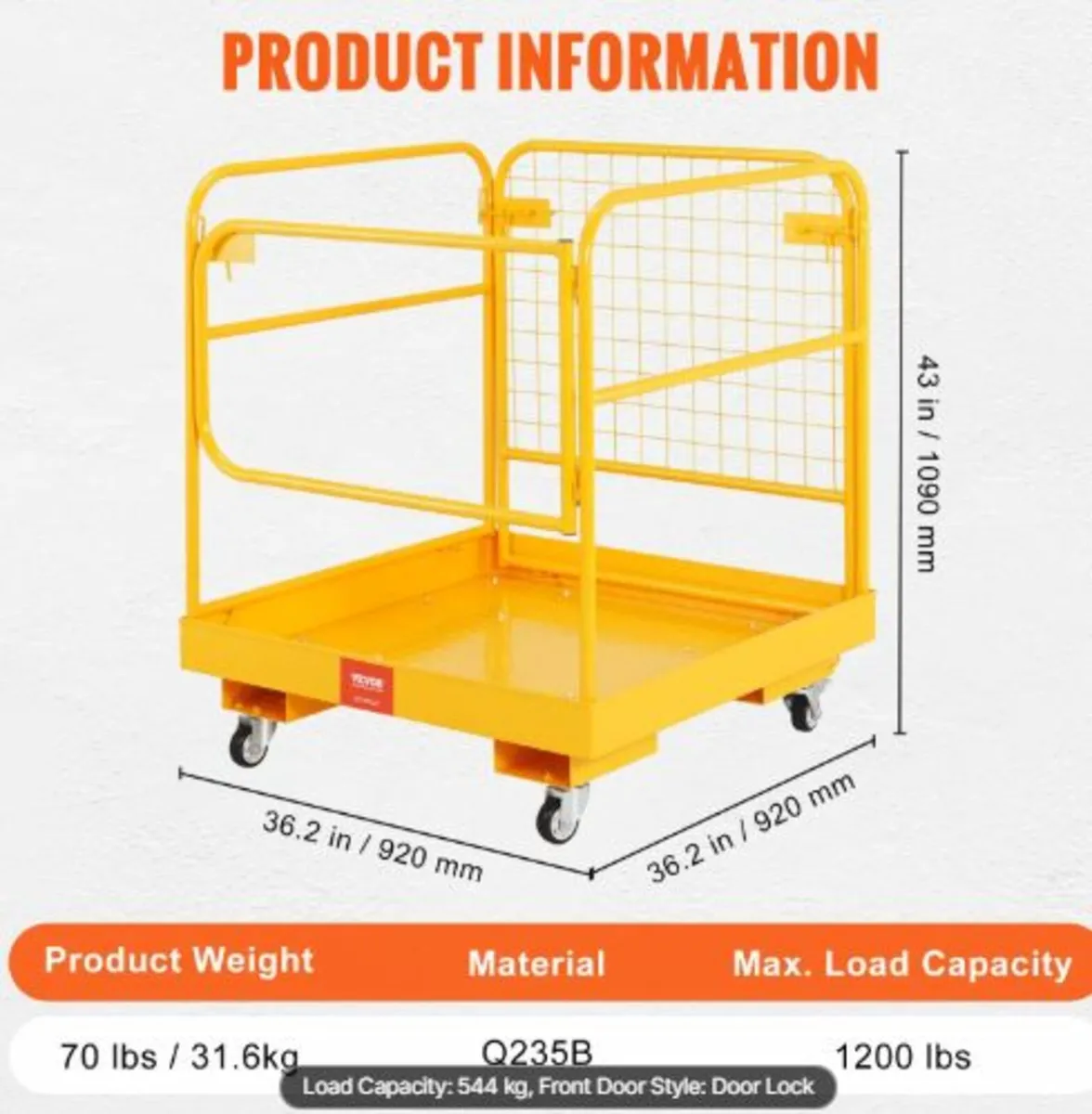 Forklift Safety Cage, 544.3 kg Load Capacity, - Image 4