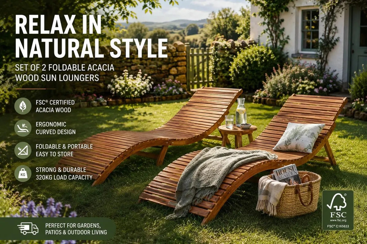 Set of 2 Foldable Wooden Sun Loungers FSC Acacia G - Image 3