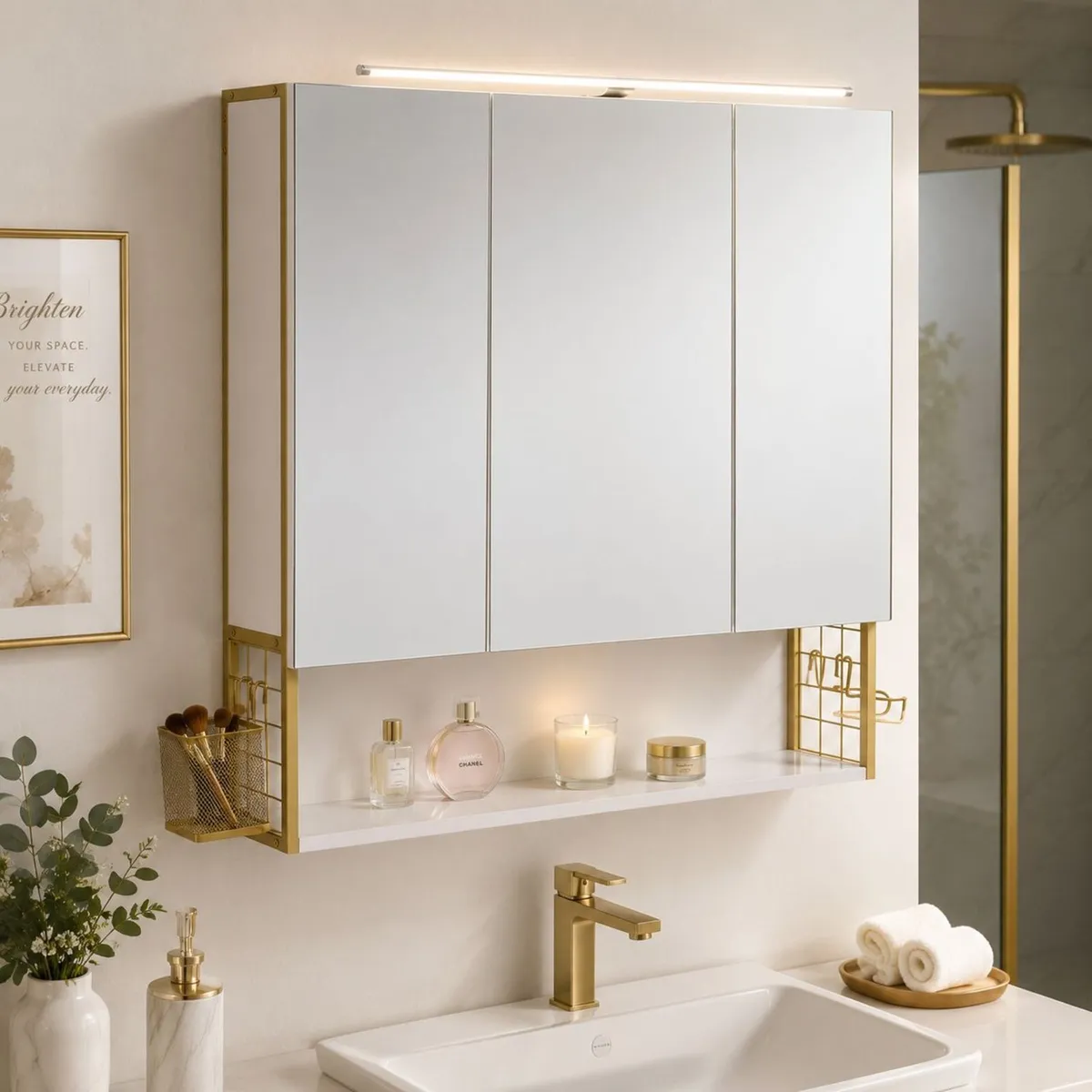 LED Mirrored Bathroom Cabinet with Storage, Basket - Image 1