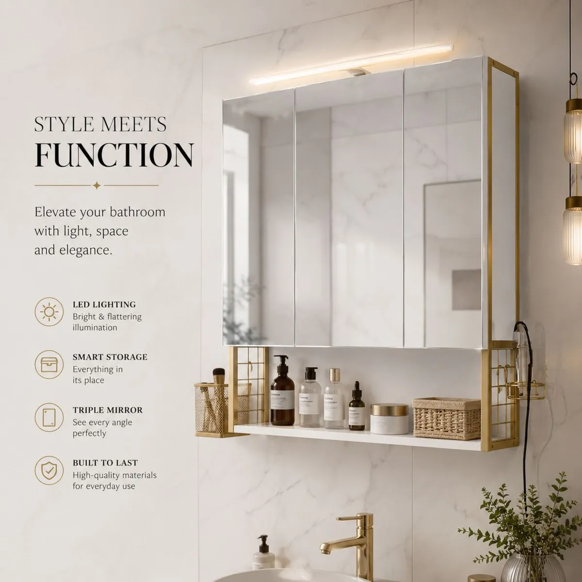 LED Mirrored Bathroom Cabinet with Storage, Basket - Image 2