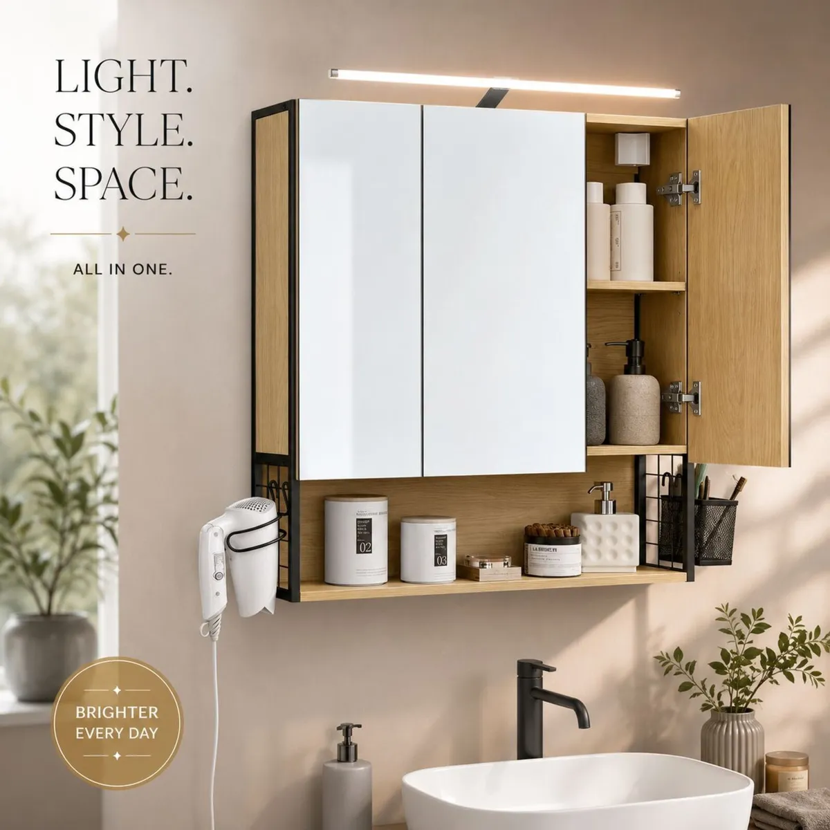 LED Mirrored Bathroom Cabinet with Storage, Basket - Image 1
