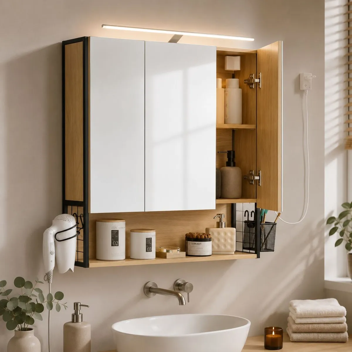 LED Mirrored Bathroom Cabinet with Storage, Basket - Image 2
