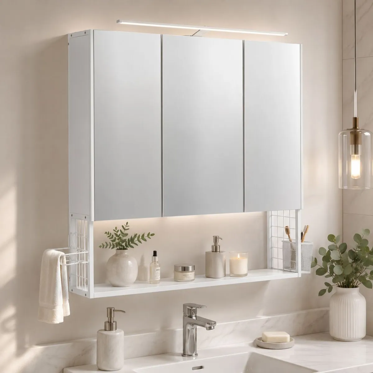 LED Mirrored Bathroom Cabinet with Storage, Basket - Image 3