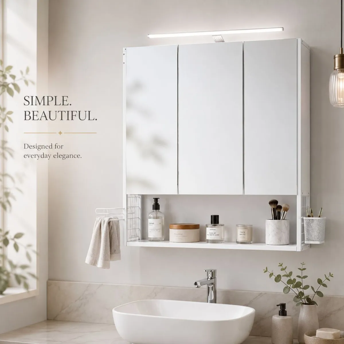 LED Mirrored Bathroom Cabinet with Storage, Basket - Image 4