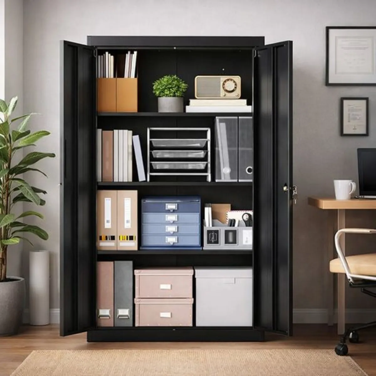Black Metal Storage Cabinet Lockable With Shelves - Image 2