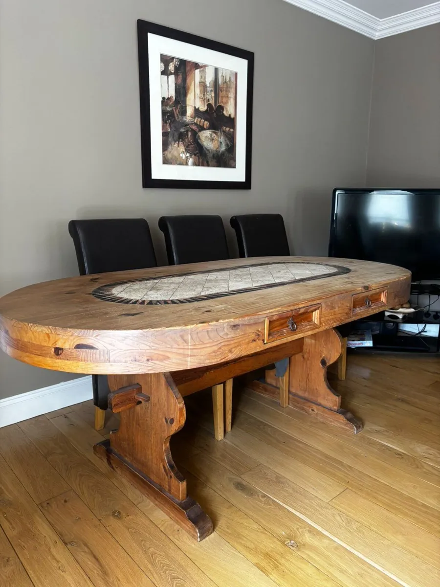 Dining Table & 6 Brown Leather Chairs - Image 1
