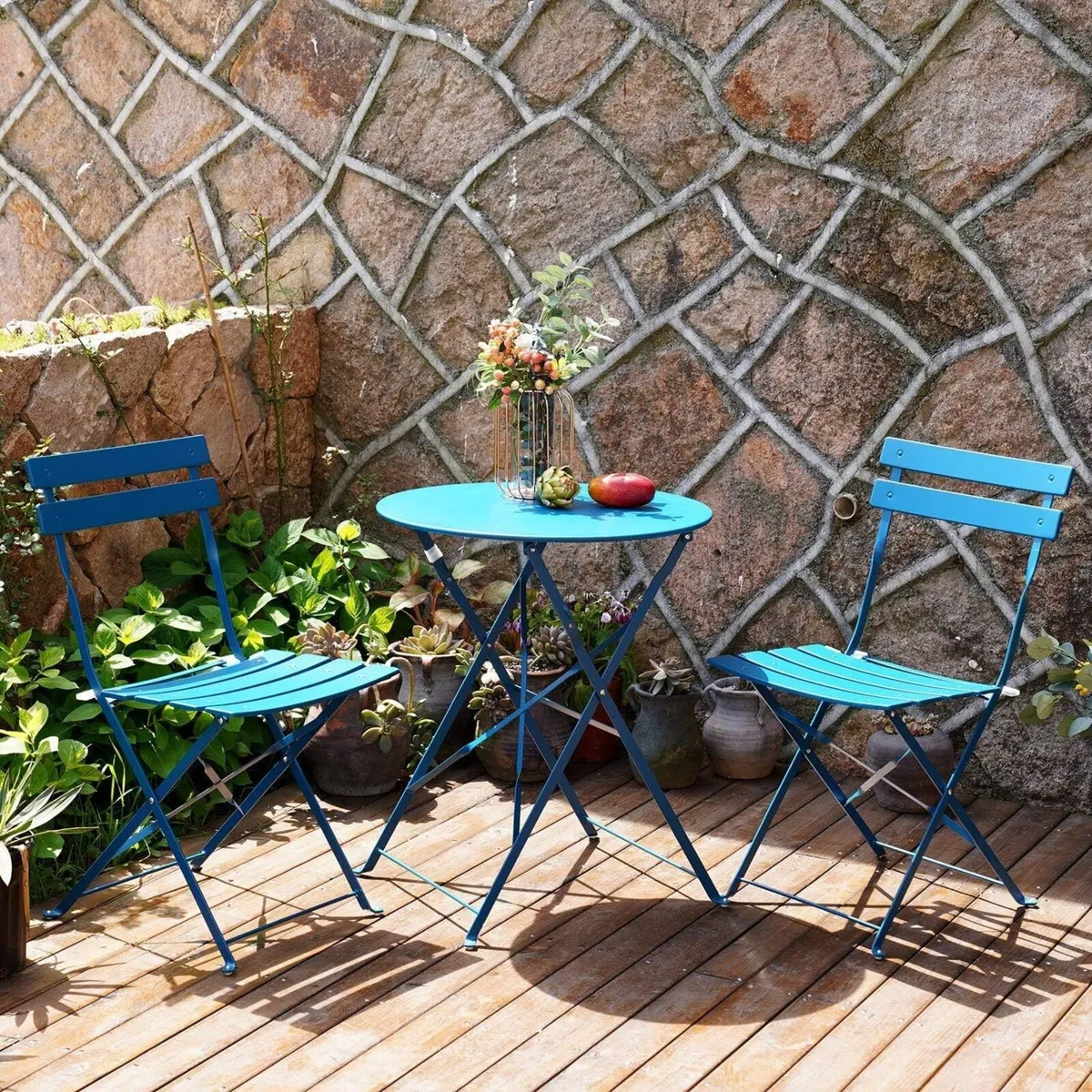 Folding Bistro Set 3 Pieces Conversation 2 Chairs - Image 2
