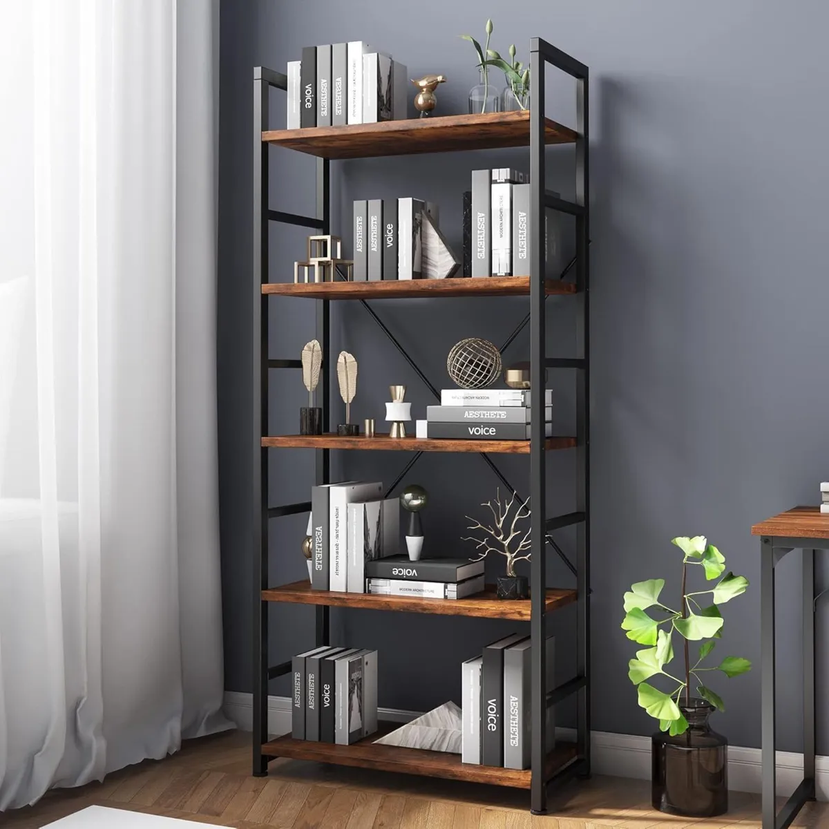 Industrial Bookshelf 5-Tier 24.8" Rustic Shelving - Image 1