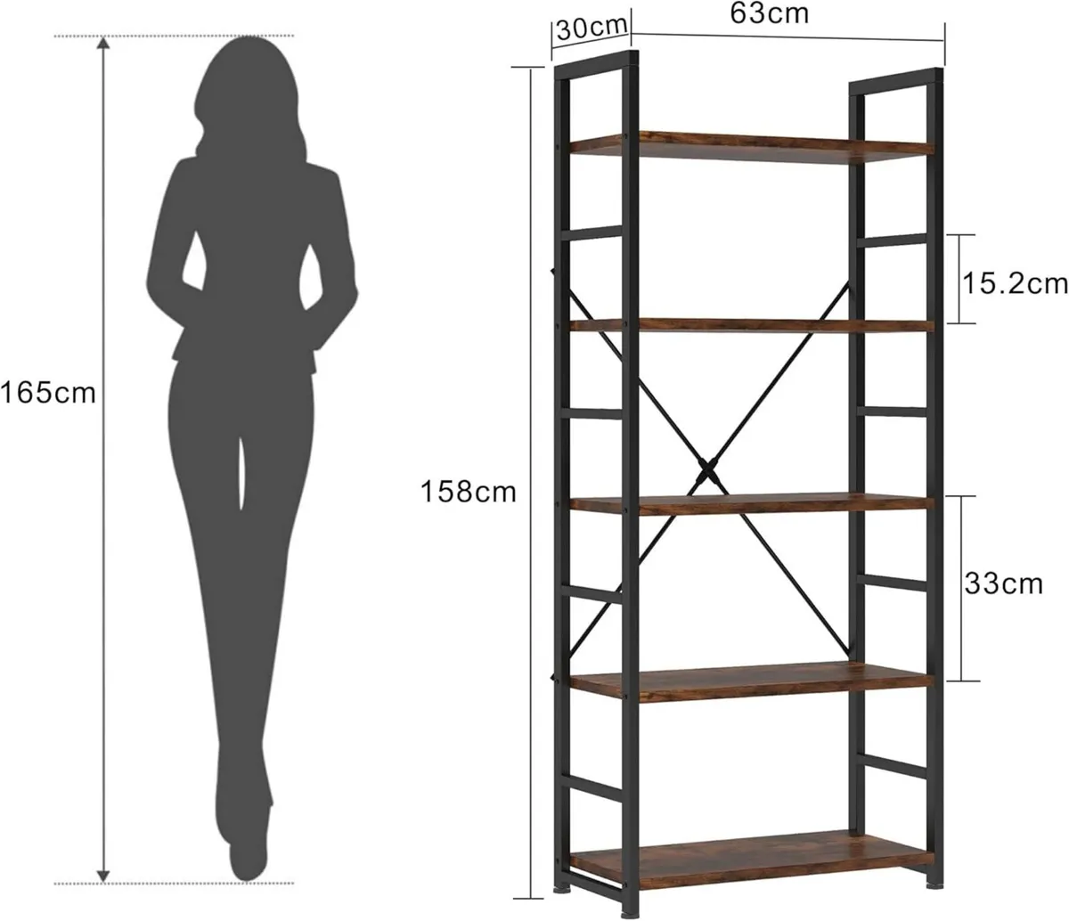 Industrial Bookshelf 5-Tier 24.8" Rustic Shelving - Image 2