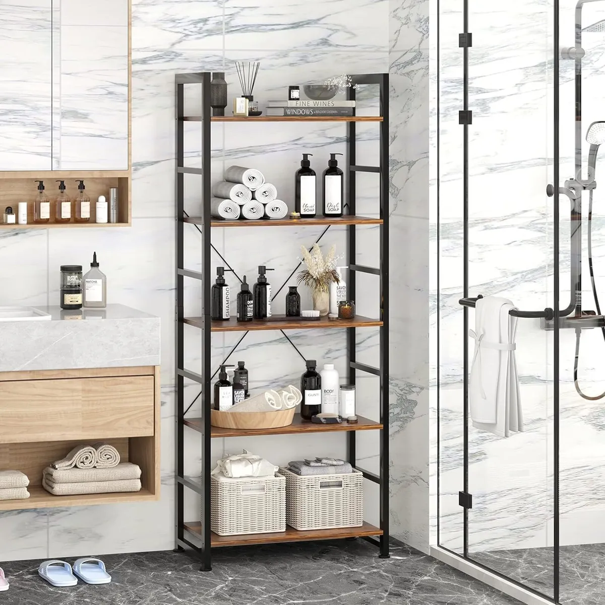 Industrial Bookshelf 5-Tier 24.8" Rustic Shelving - Image 3