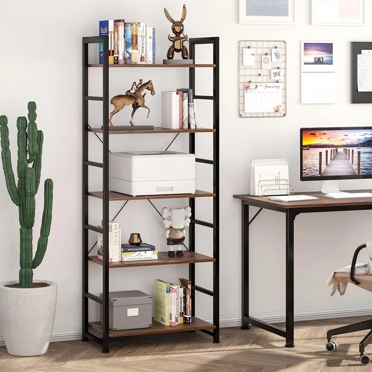 Industrial Bookshelf 5-Tier 24.8" Rustic Shelving - Image 4
