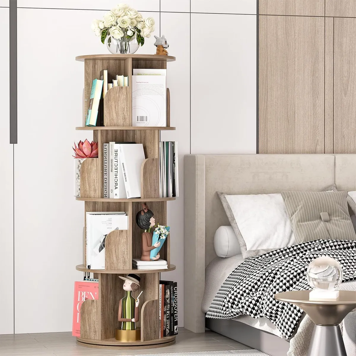 4-Tier Rotating Bookshelf Wooden Tower Spinning - Image 1