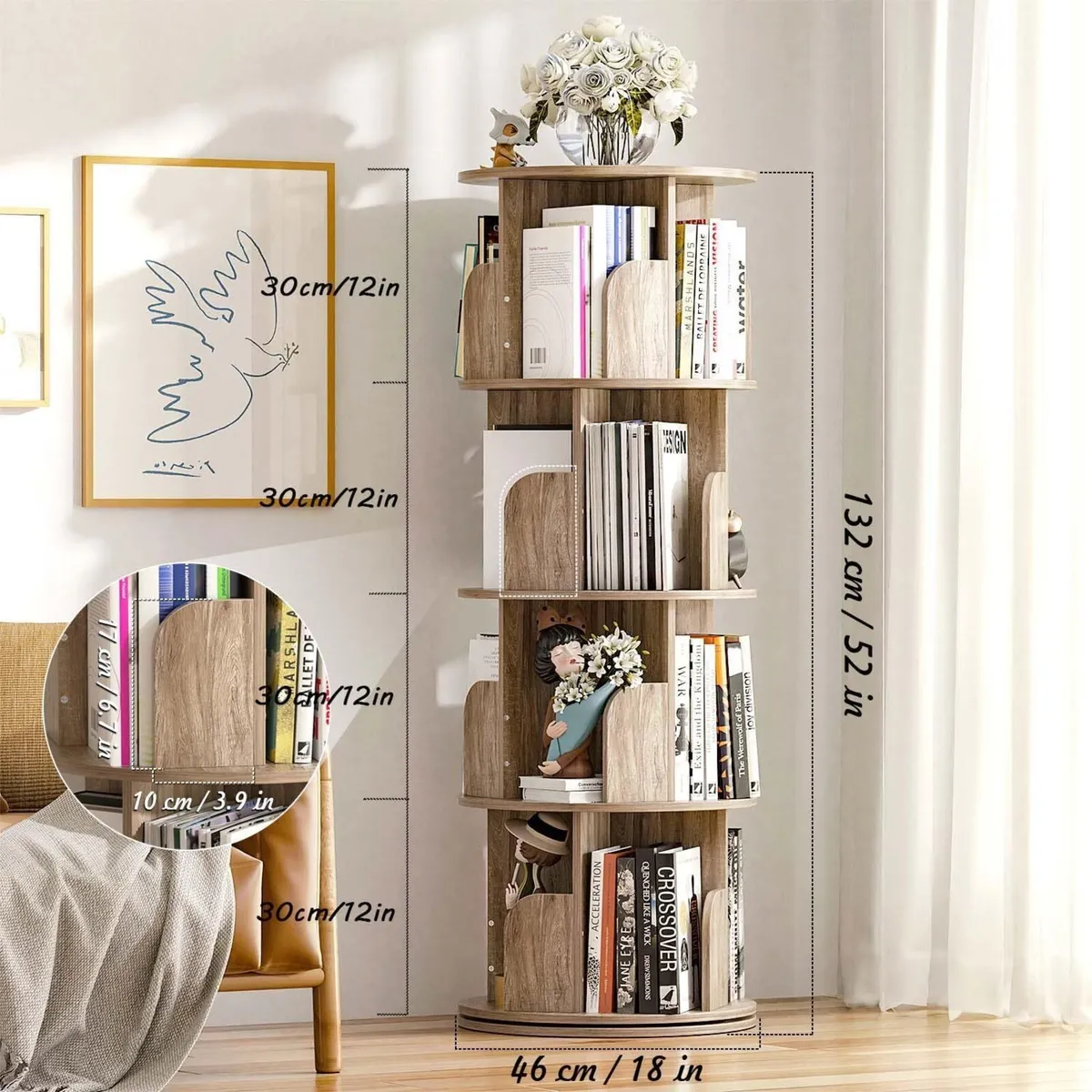 4-Tier Rotating Bookshelf Wooden Tower Spinning - Image 2