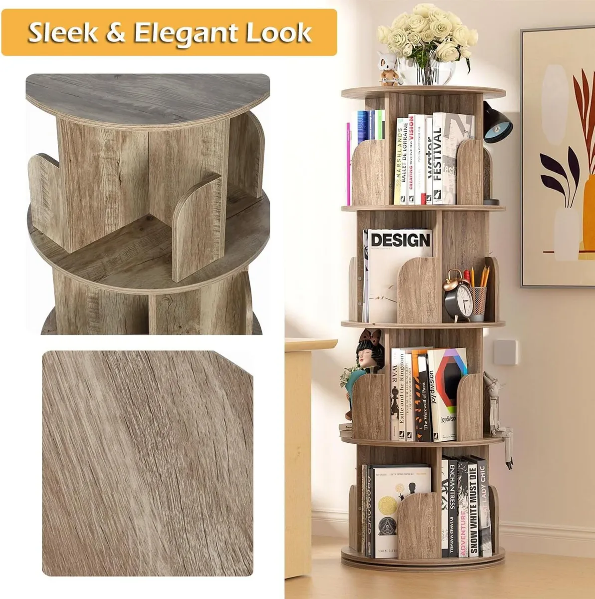 4-Tier Rotating Bookshelf Wooden Tower Spinning - Image 3