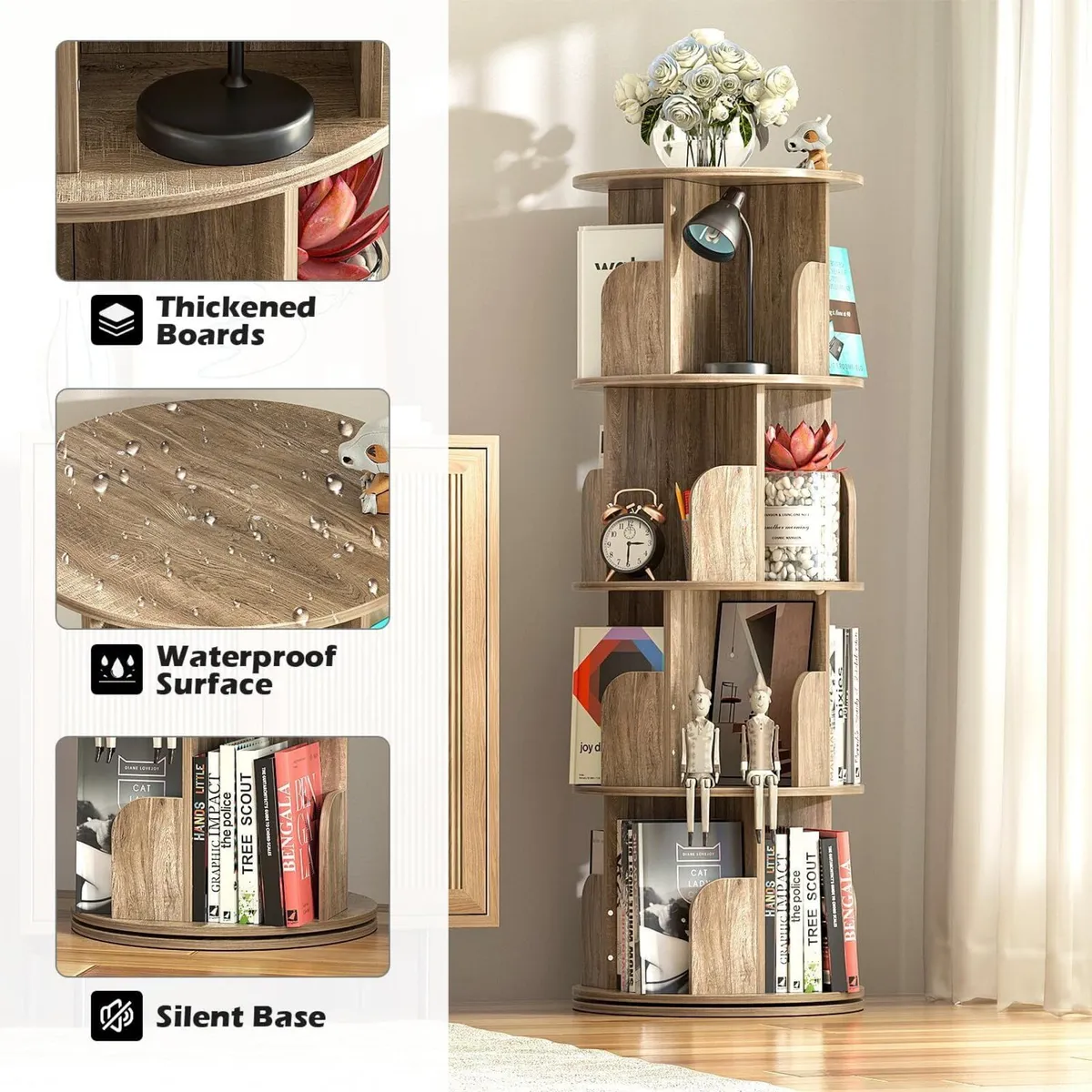 4-Tier Rotating Bookshelf Wooden Tower Spinning - Image 4