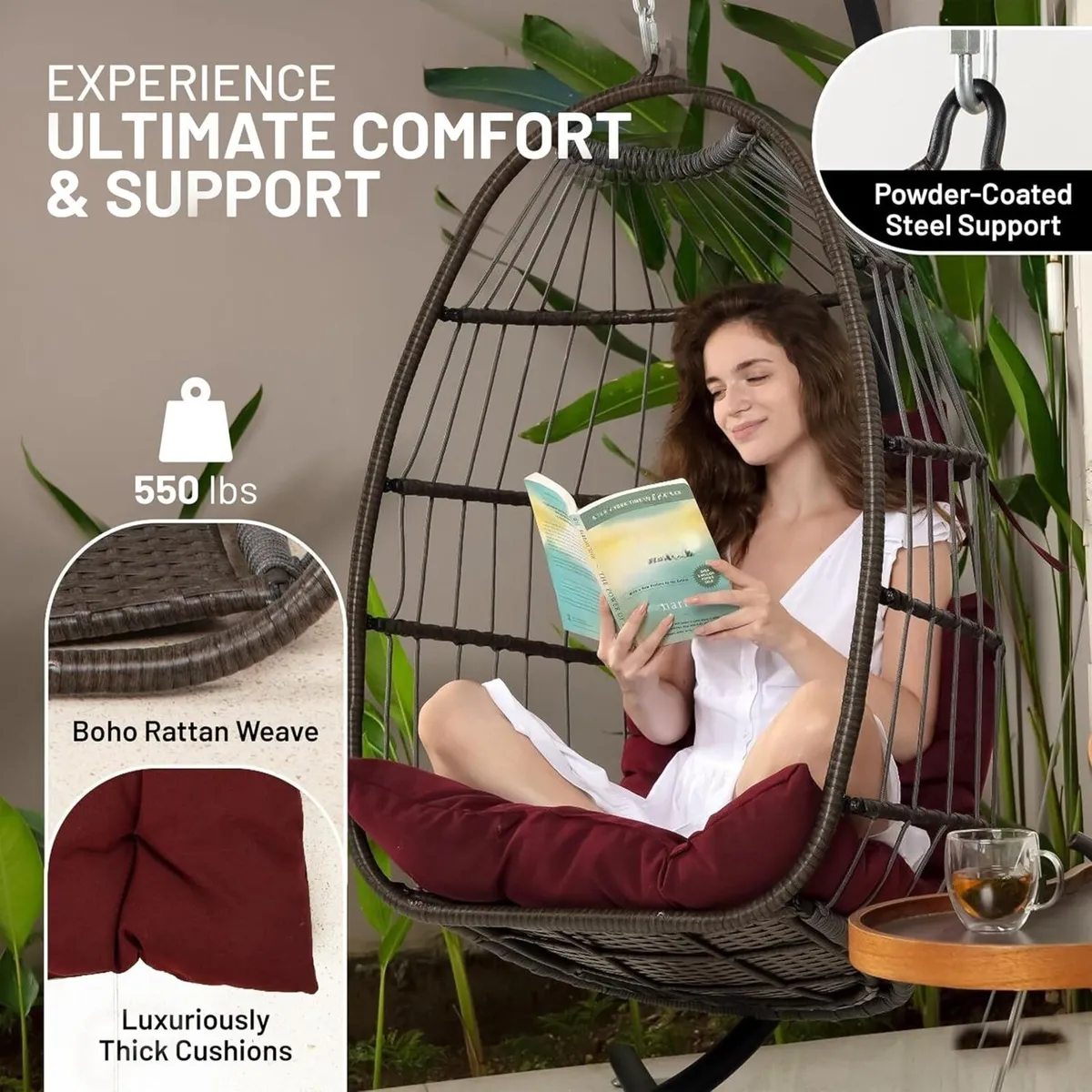 Foldable Egg Chair with Stand Rattan Wicker - Image 4