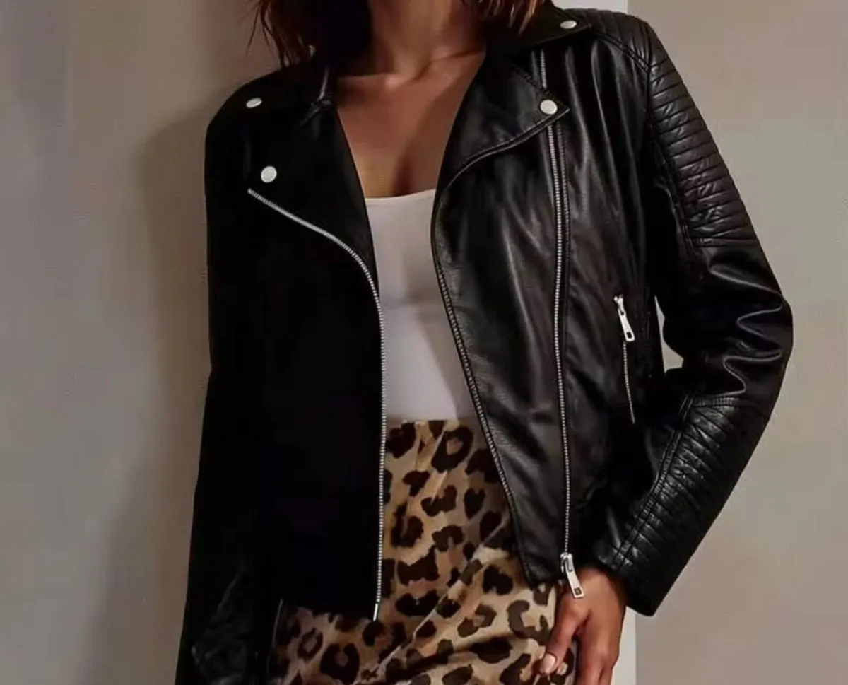 Women's Style Faux Leather Motorcycle Jacket - Image 4