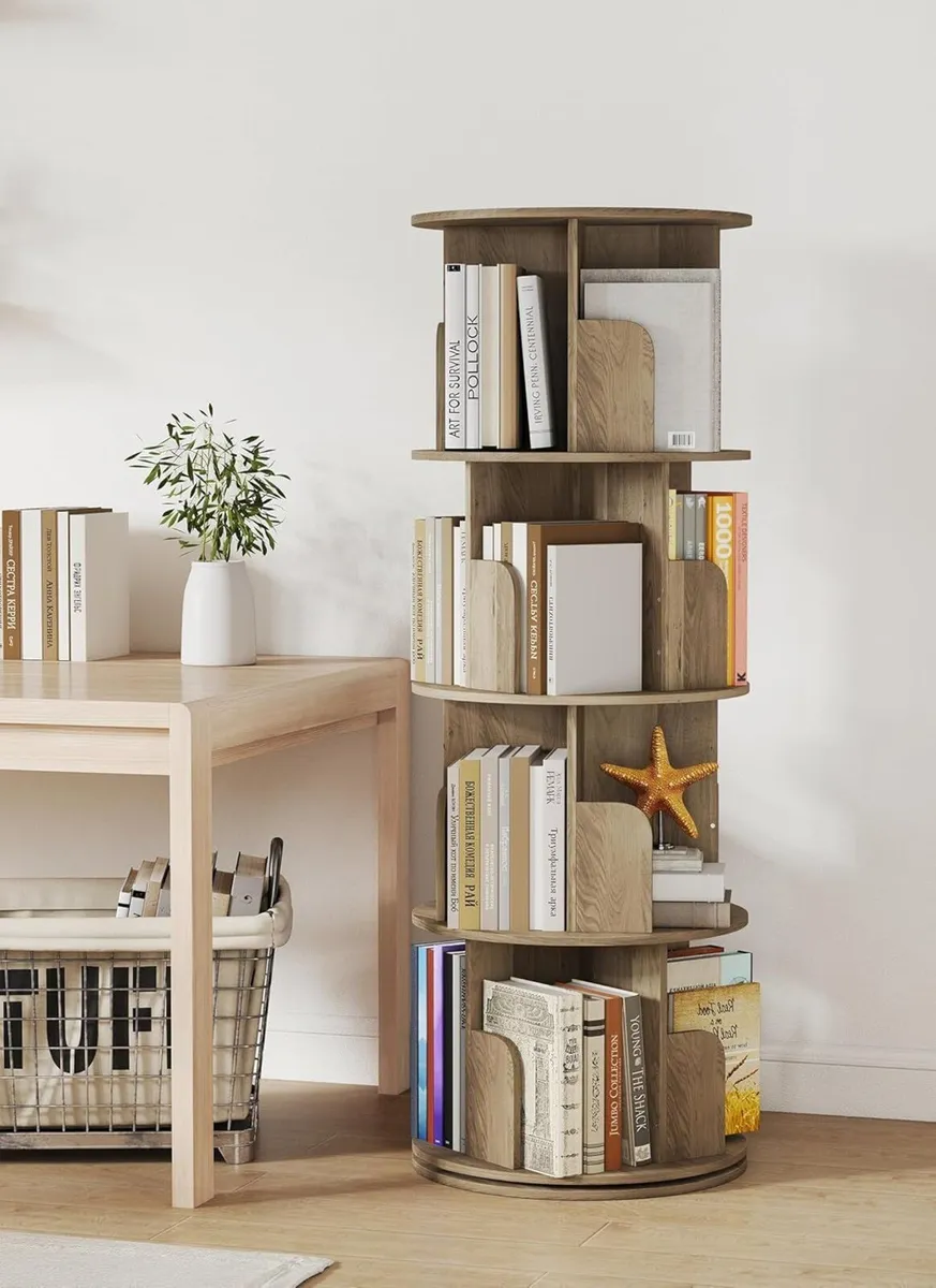 4-Tier Rotating Bookshelf Storage Rack Oak Colour - Image 2