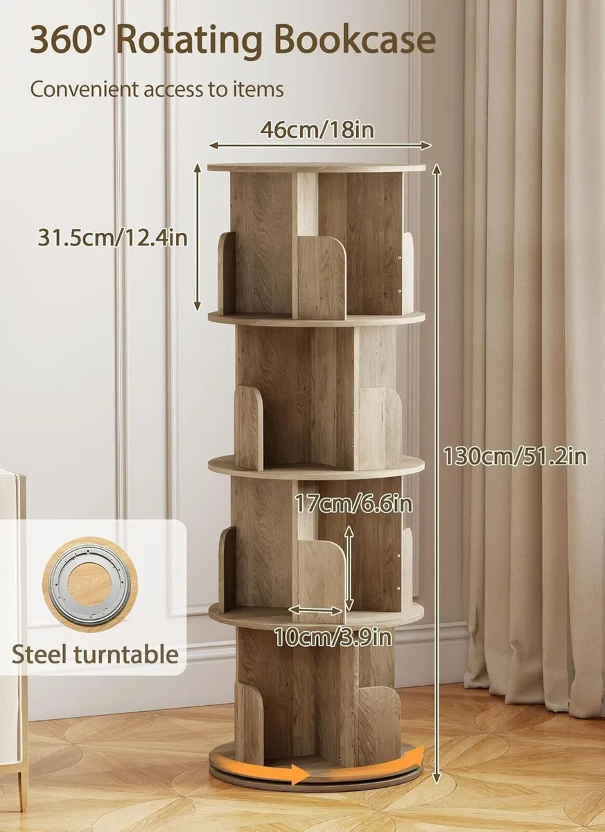 4-Tier Rotating Bookshelf Storage Rack Oak Colour - Image 3