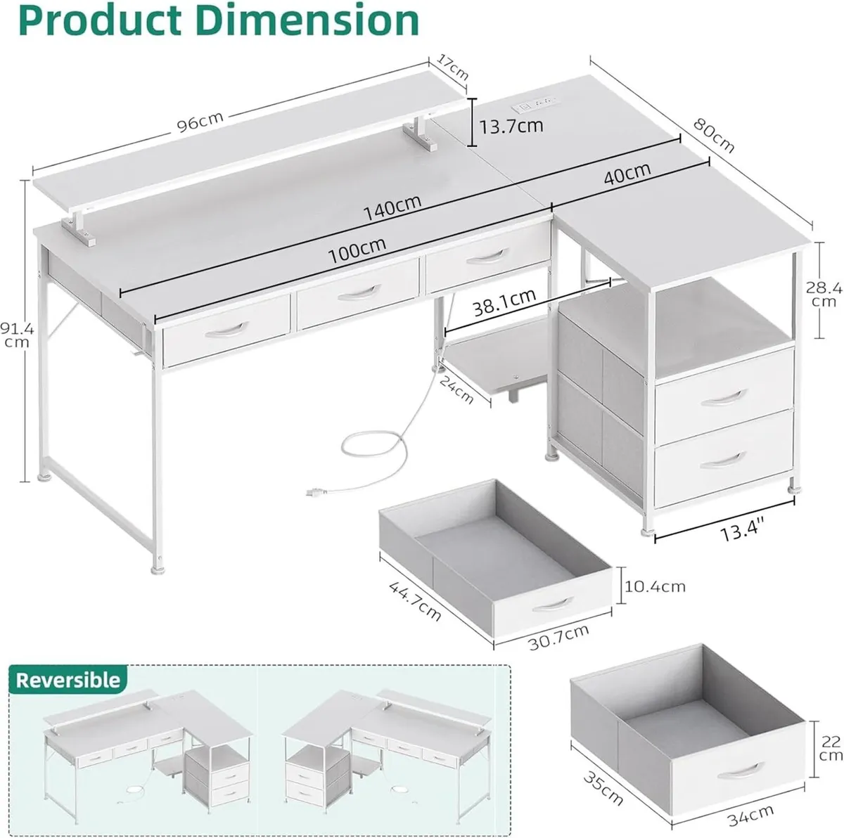 140CM Large Computer Desk with 5 Fabric Drawers - Image 3
