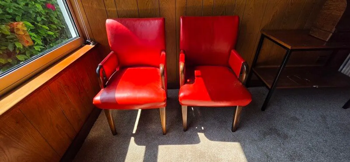 Vintage Red Solid Wood Leather Chairs (2) - Image 1