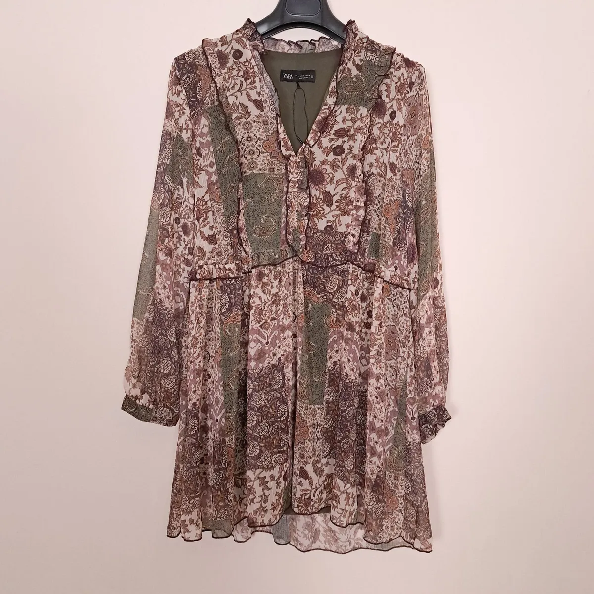 Zara Green Brown Patchwork Floral Mini Dress L - Image 1