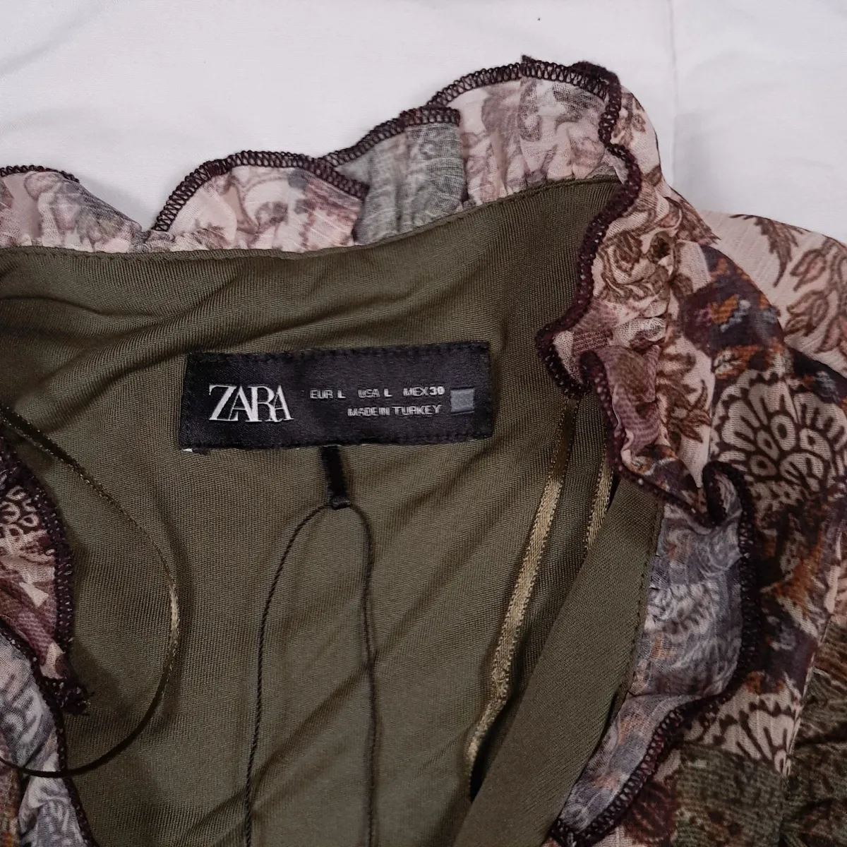 Zara Green Brown Patchwork Floral Mini Dress L - Image 3