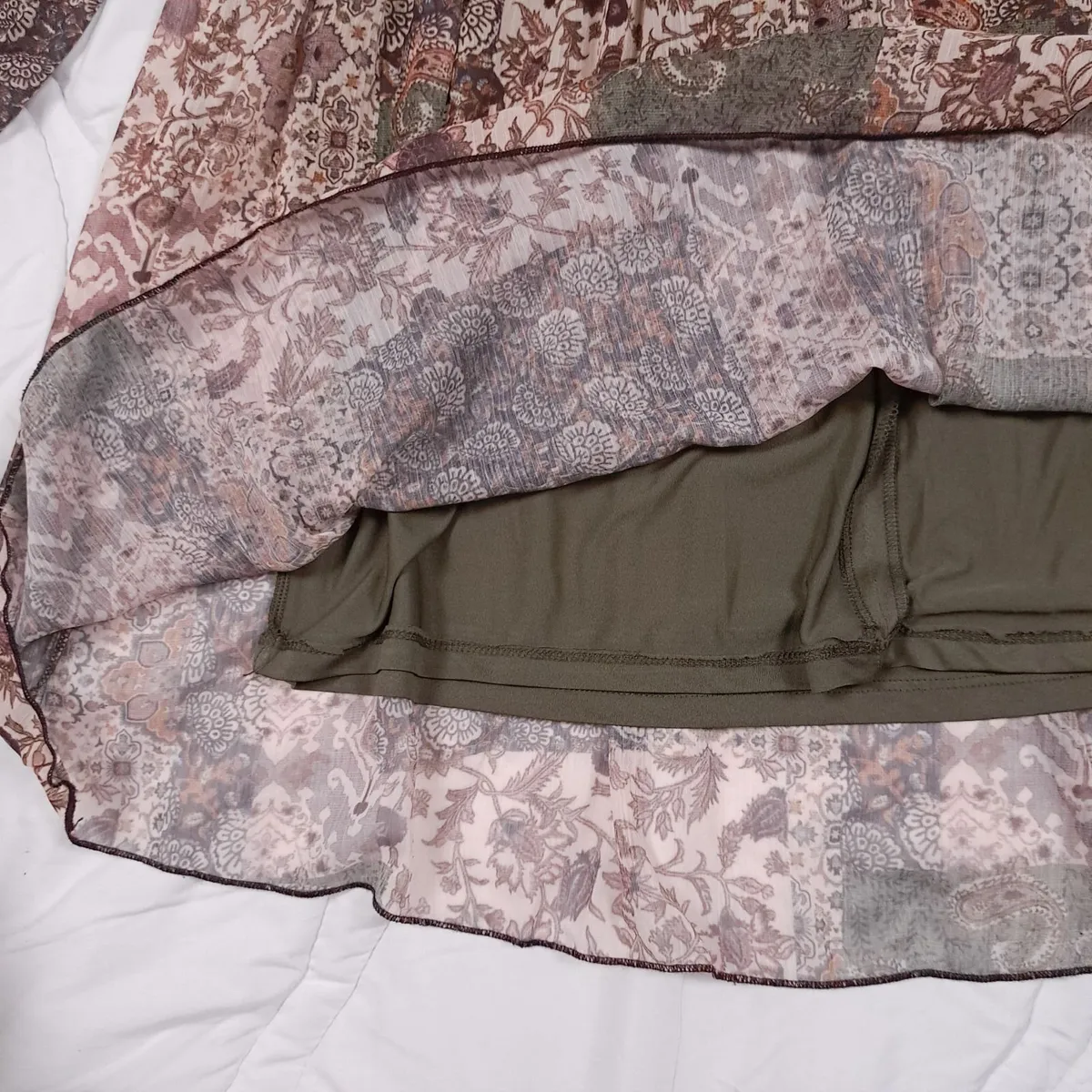 Zara Green Brown Patchwork Floral Mini Dress L - Image 4
