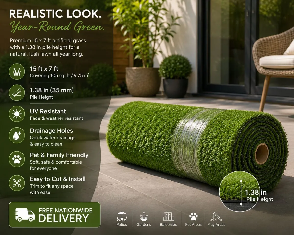 Artificial Grass 15 x 7 ft 35 mm Premium Fake Gras - Image 1