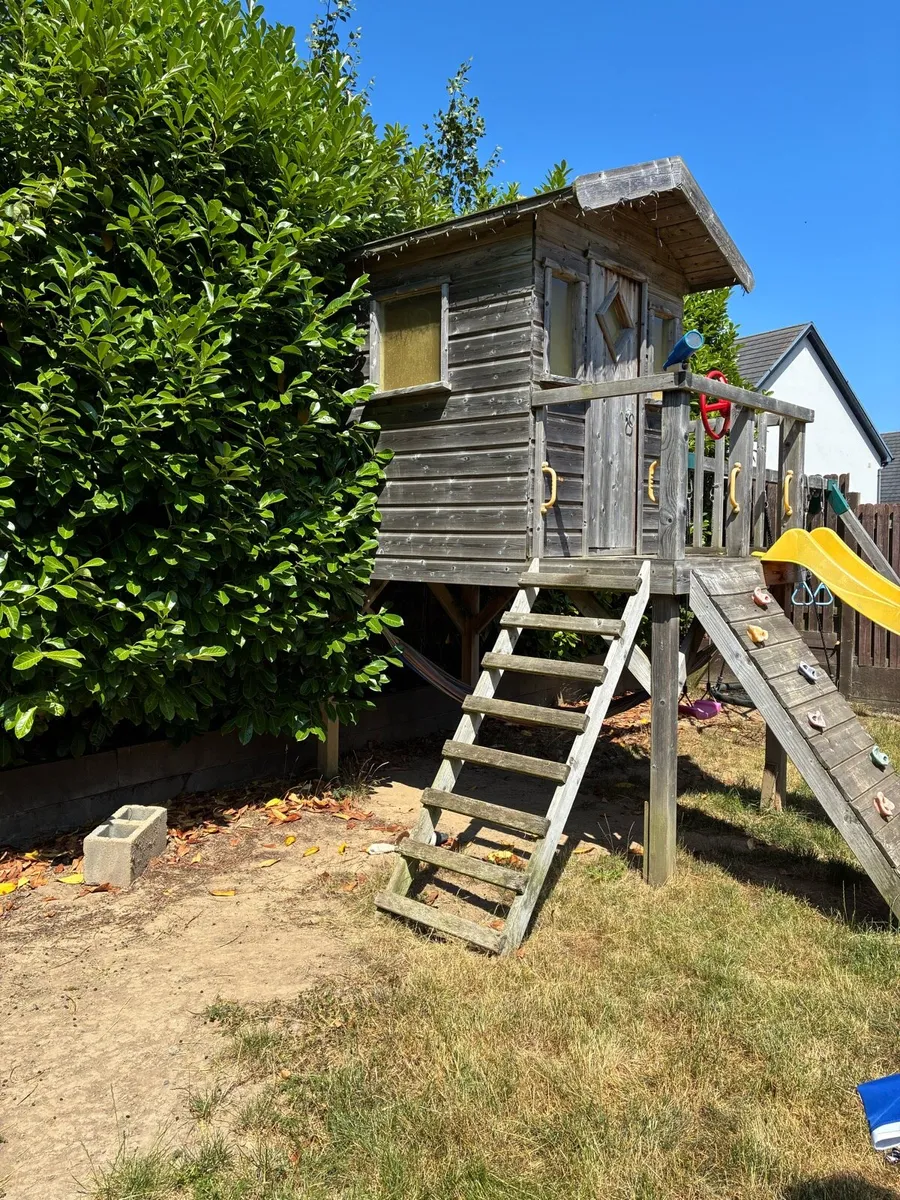 Treehouse with swings climbing wall gym bar slide - Image 2