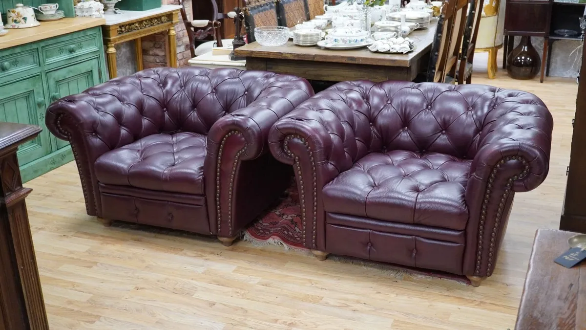 Pair of Plum Leather Armchairs - Image 1