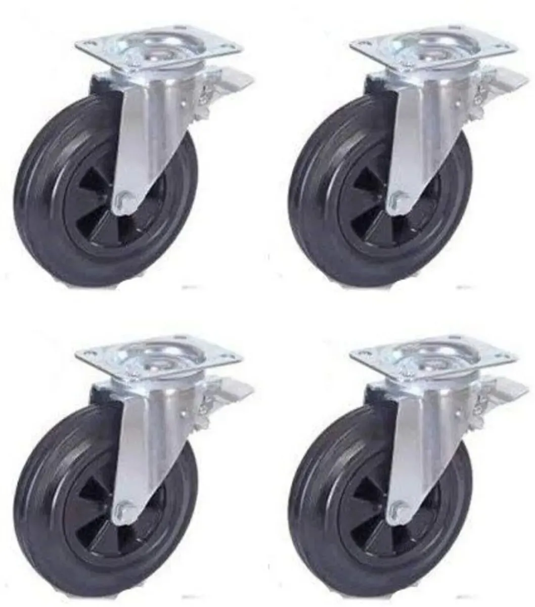 Castor Wheels 200mm Rubber Swivel Brake 800KG - Image 4