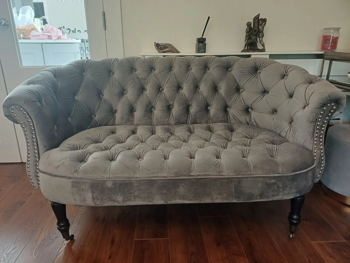 2 Elegant Grey Velvet Tufted Chesterfield Loveseat - Image 2
