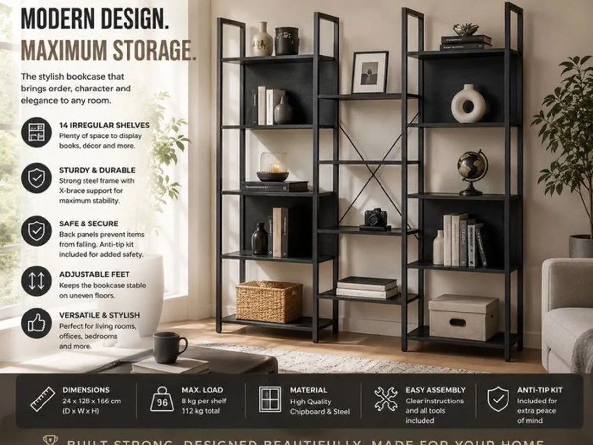 Modern 14 Shelf Bookcase Black Industrial Storage - Image 1