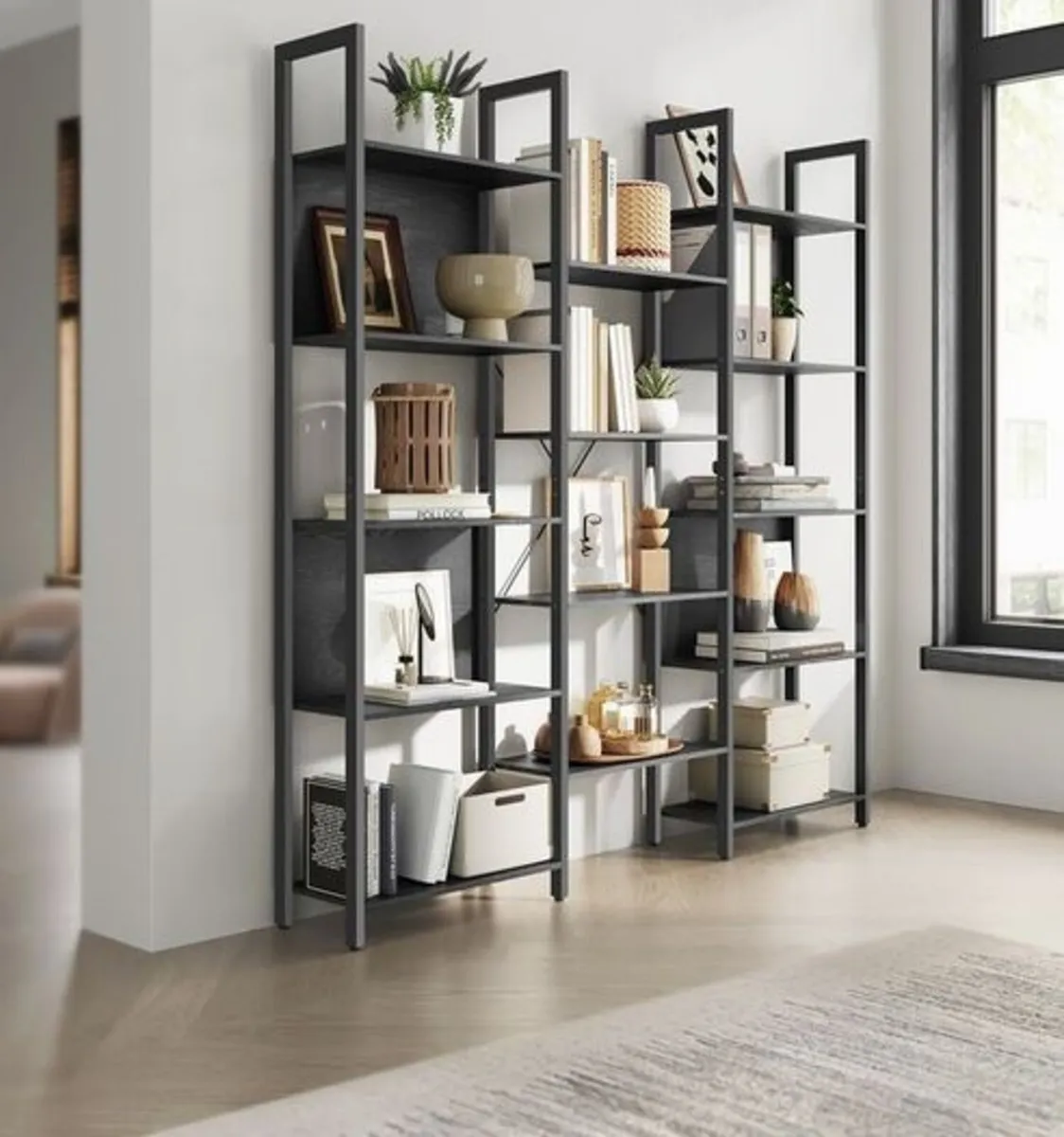 Modern 14 Shelf Bookcase Black Industrial Storage - Image 2