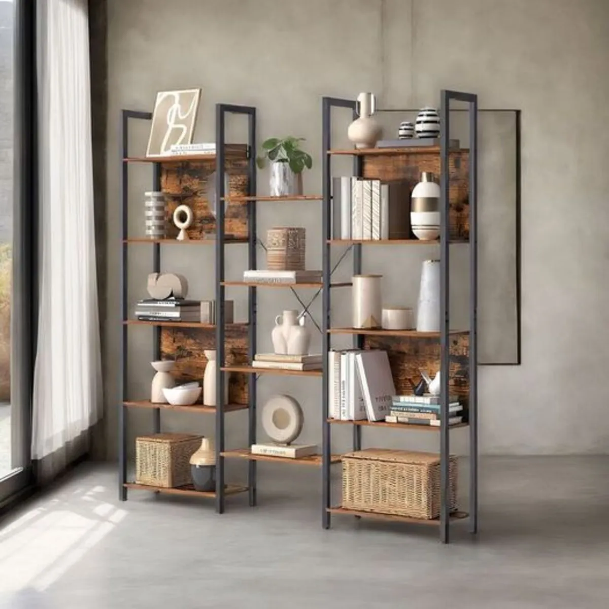 Modern 14 Shelf Bookcase Black Industrial Storage - Image 3