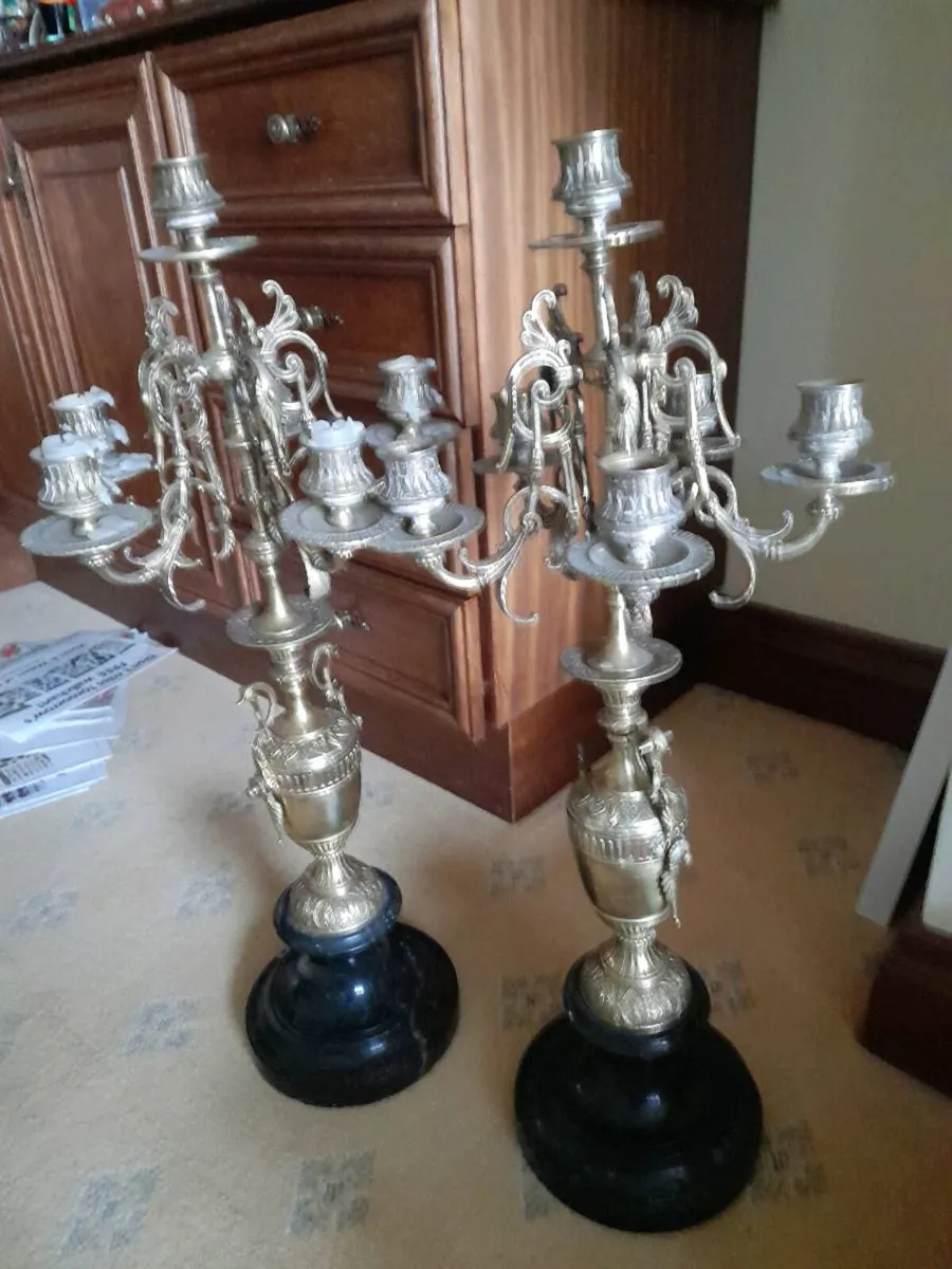Two 6 candle brass  ,candlelabras,/ marble base's
