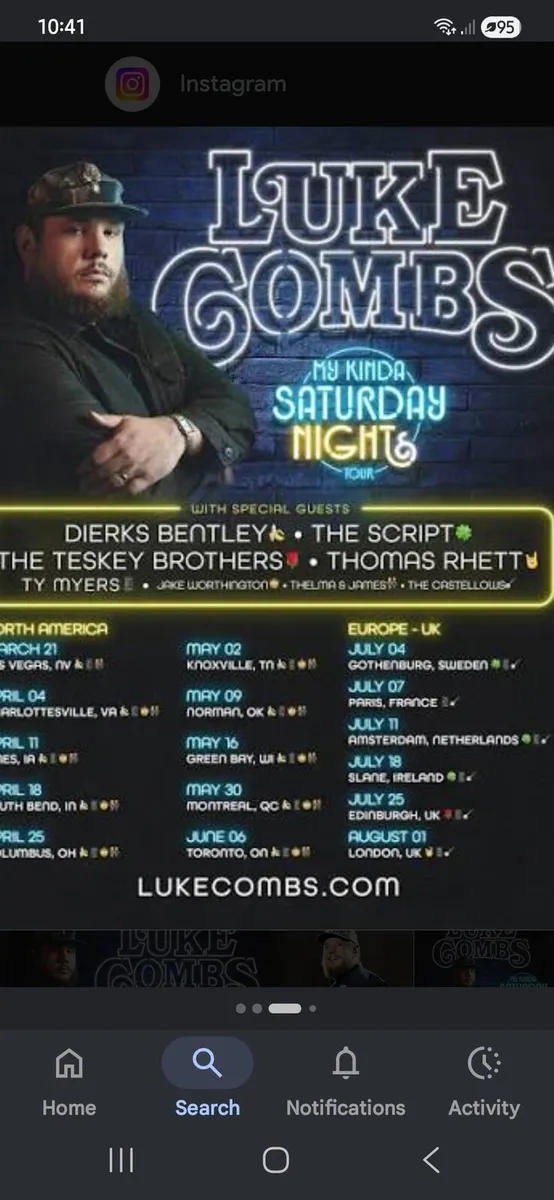 Luke Combs tickets Sunday night - Image 1