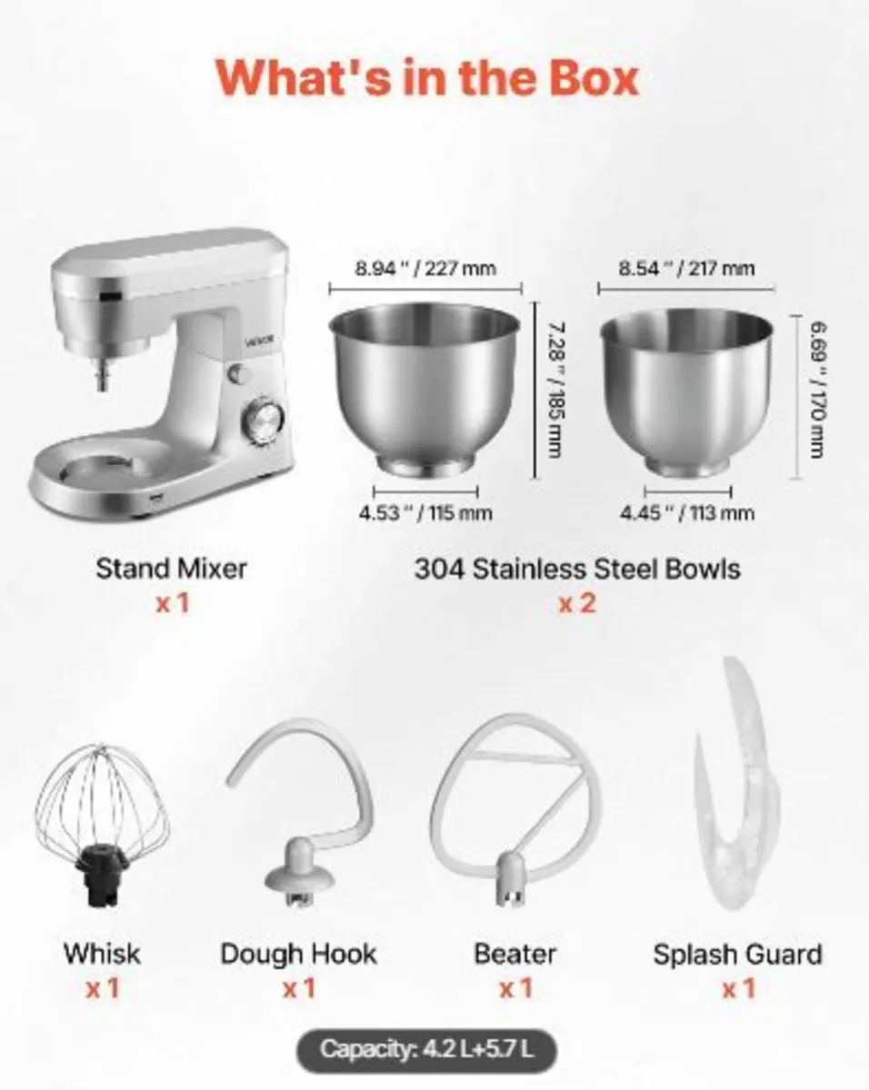 Stand Mixer, 4.2 L+5.7 L Electric Kitchen Mixer - Image 2